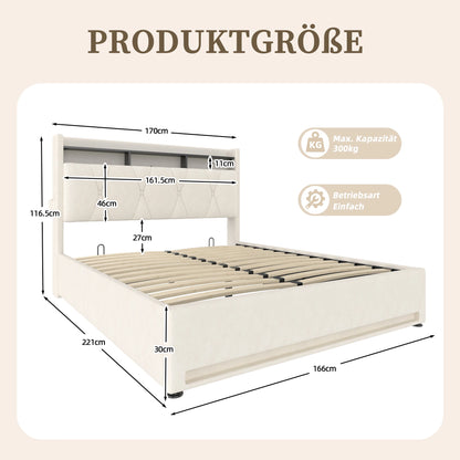 Bedframe 160x200 cm – Fluwelen Bed – Slaapkamerbed – Opbergbed – LED Bedframe – Ivoor – Verstelbaar Hoofdeinde Met LED – Extra Opbergruimte Met USB-Aansluiting