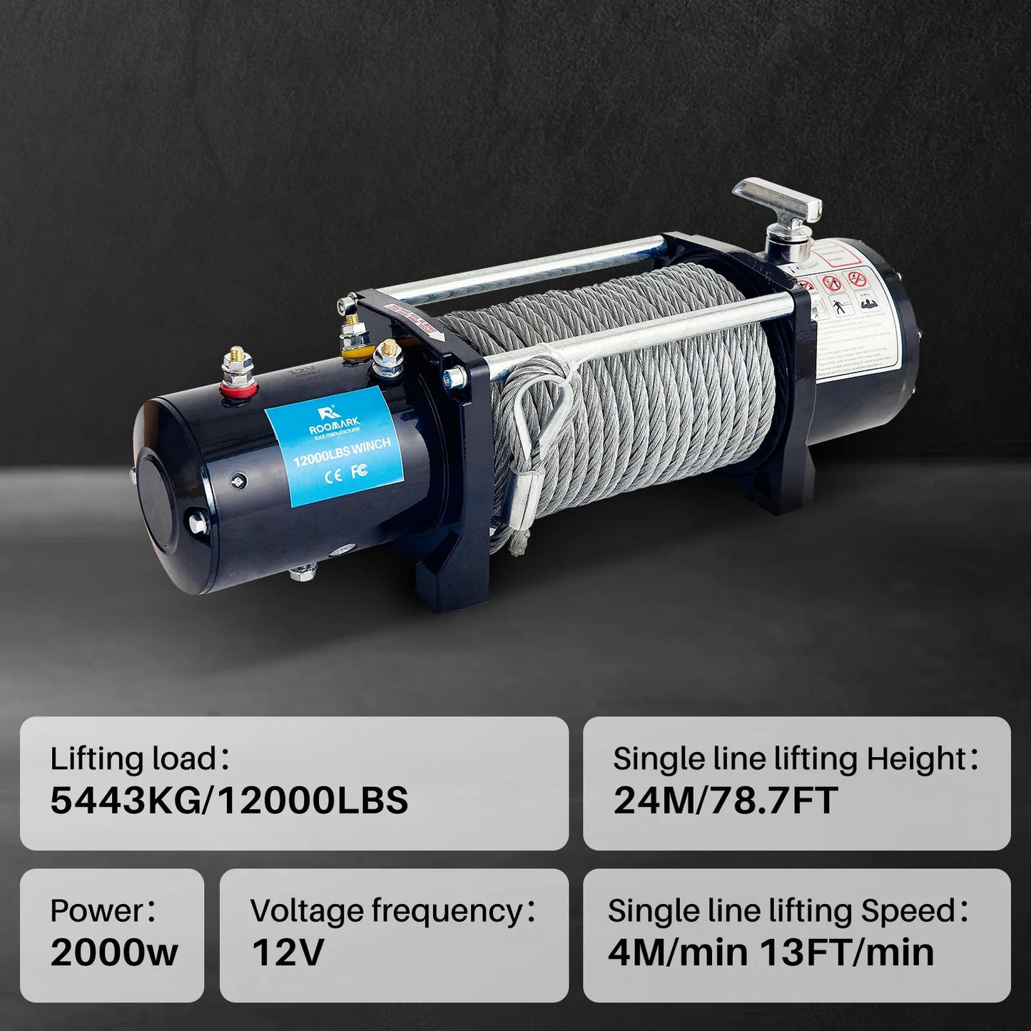 Elektrische Lier – Offroad Lier – Auto Lier – Kabellier – Trekcapaciteit 5443 Kg – IP67 Waterdicht - 12000lbs - 12V - met Draadloze Afstandsbediening - Stalen Kabel - voor ATV UTV-aanhangwagen