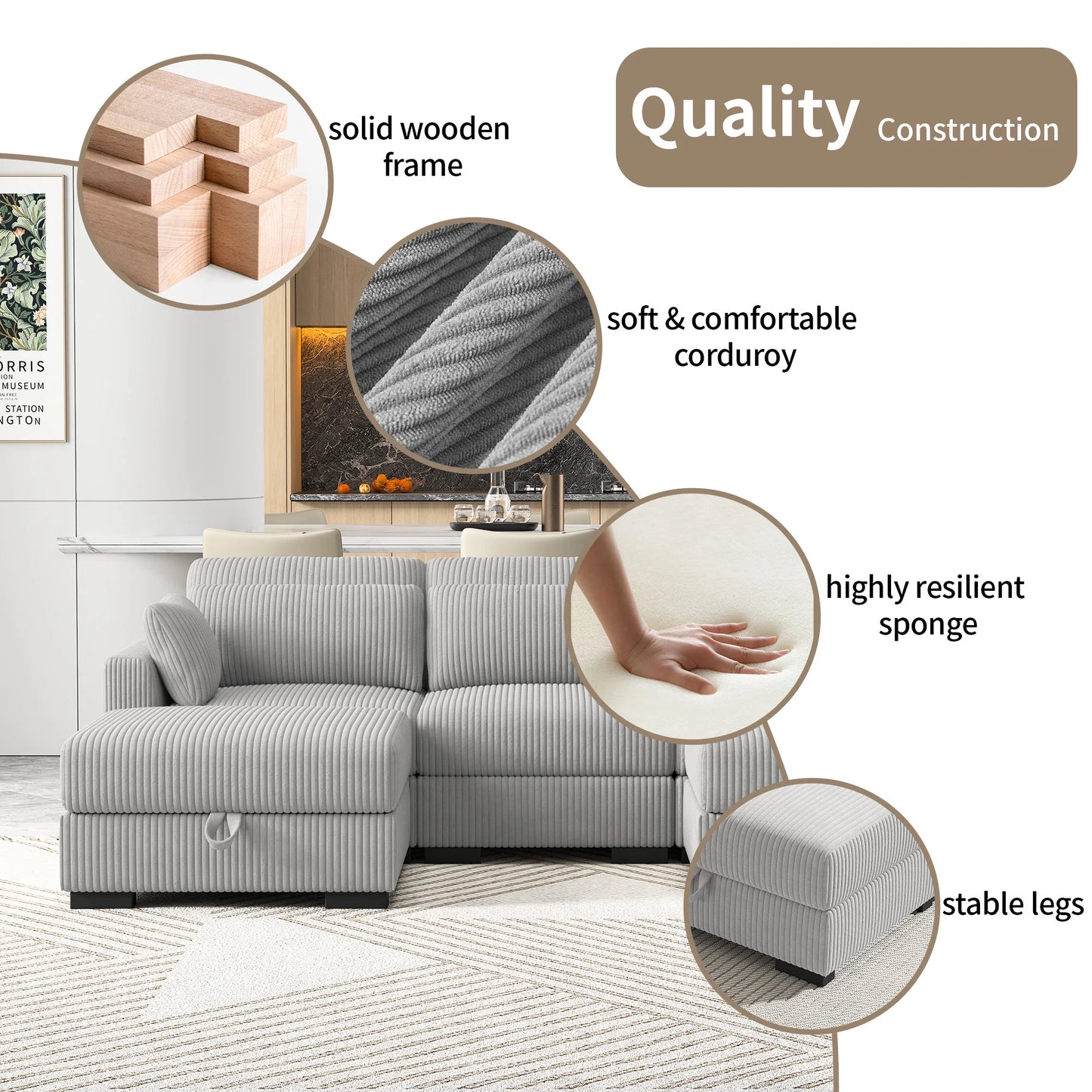 Modulaire Eénzitsbank – Loungestoel – Zitzak – Sessel – Corduroy Stof – Houten Poten – Verstelbare Hoofdsteun - 74 x 88 x 85 cm - Donkergrijs