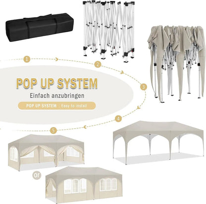Tuinpaviljoen – Partytent – Tuinpartytent – Tent – Buitentent – Paviljoen – met 6 Verplaatsbare Zijwanden - Waterdicht 210D Oxford Polyester – Stalen Frame Met Roestwerende Coating - 3x6 m - Beige