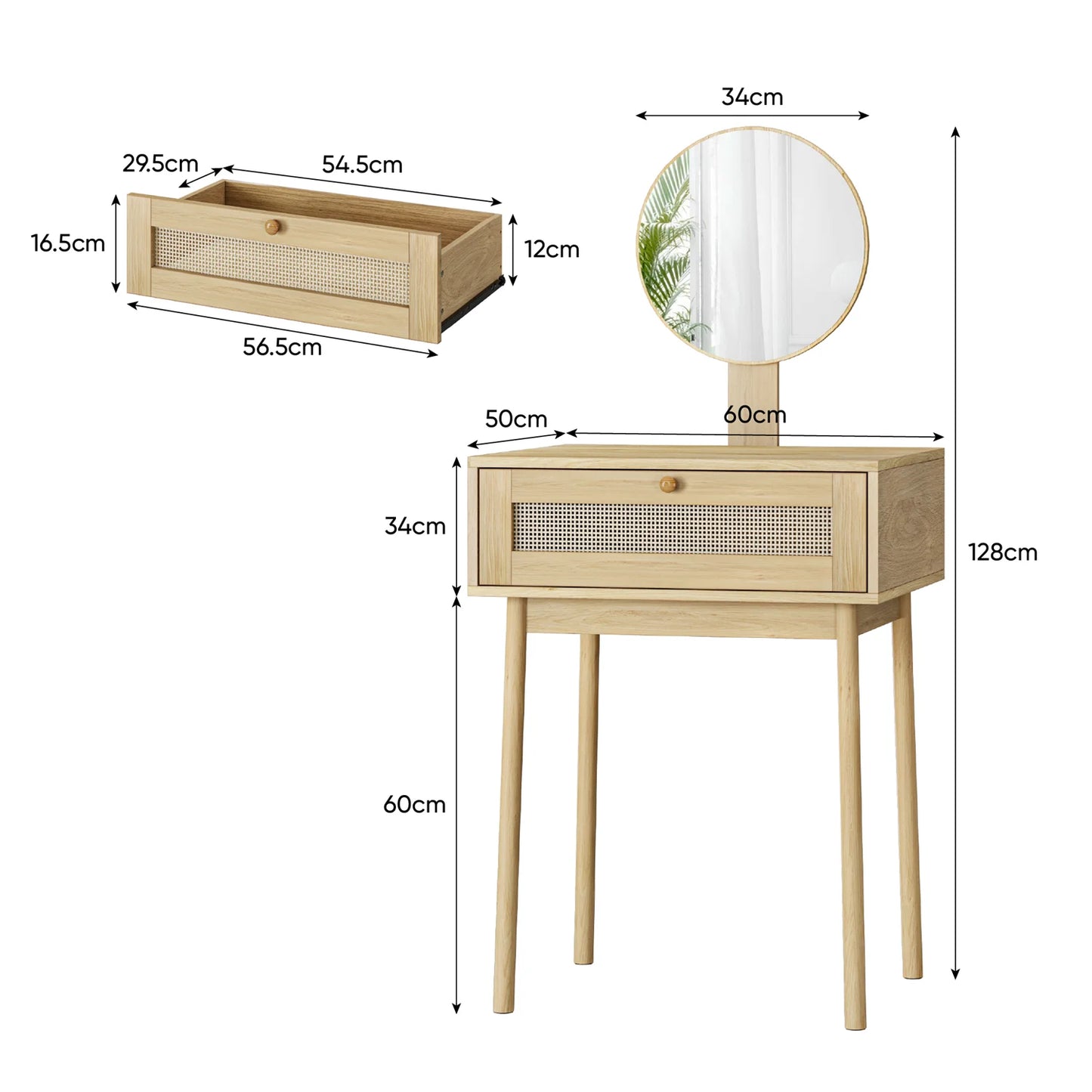 Rattan Makeup Table With Mirror, Makeup Table With Drawer Suit For Small Spaces, For Bedroom, Office, Without Chair, Wood Color