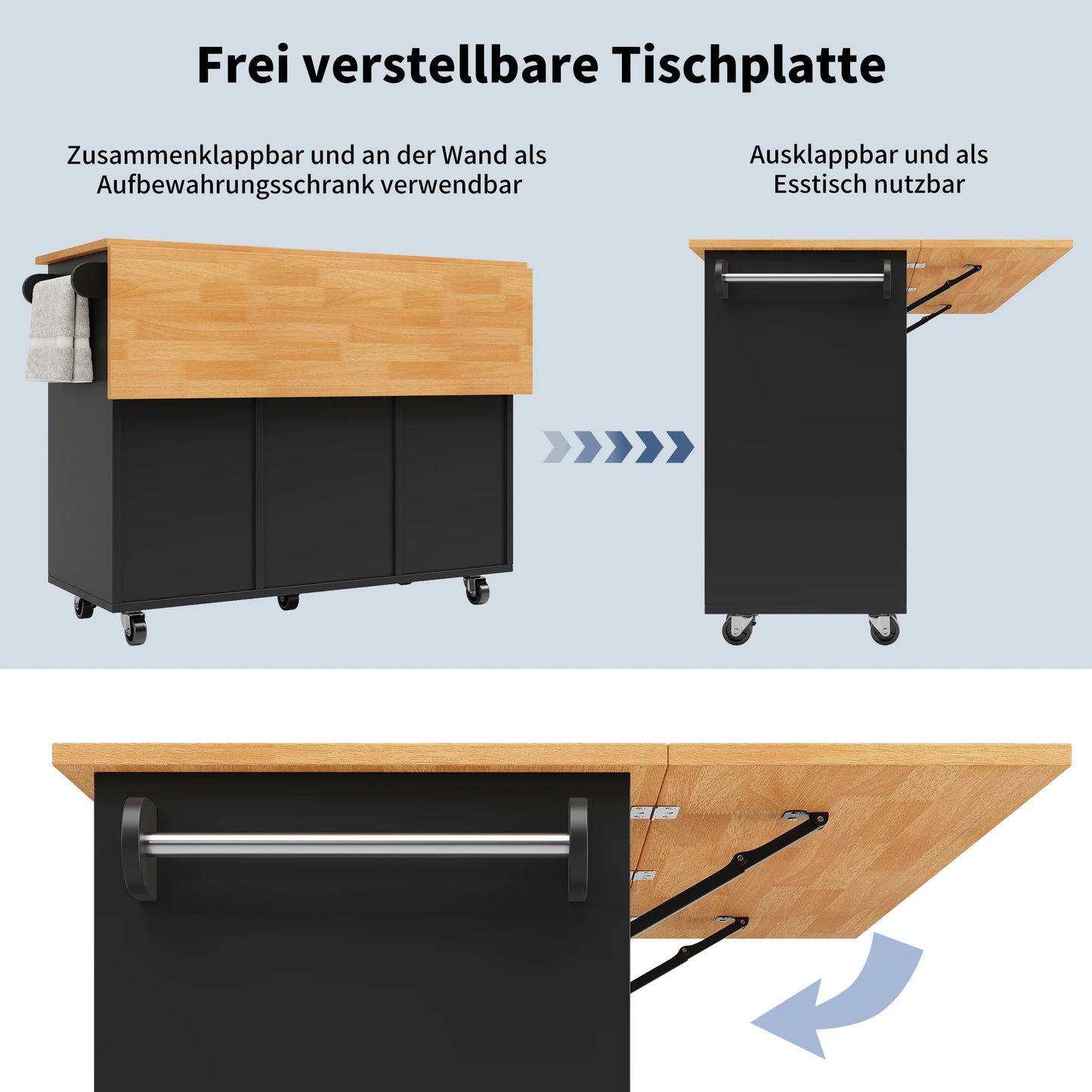 Uitklapbare Tafel – Keukentafel – Werkbank – Werktafel – Mobiele Werktafel – 8 Lades – Verstelbare Plank – 60 Kg Draagvermogen - 122 × 74.5 × 91.5 cm - Zwart