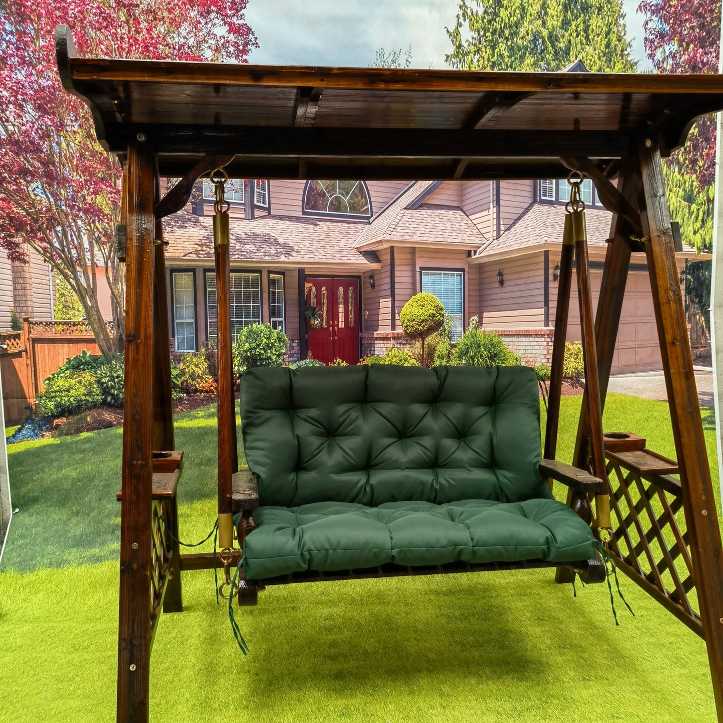 Tuin Bank - Tuinbank Hout - Tuinbanken - Garden Furniture - Waterdicht Tuinbankkussen met Rugleuning (150x100 cm) - Donkergroen