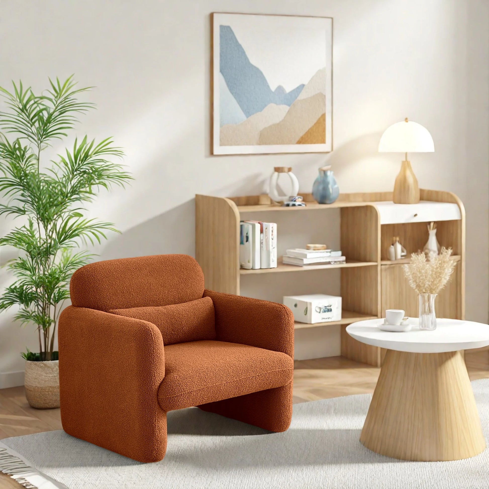 Lamswollen Fauteuil – Lamswol Stoel – Comfortabele Zetel – Scandinavische Fauteuil – Zachte Lamswol Bekleding – Verstelbare Lendensteun - Oranje - QUORE