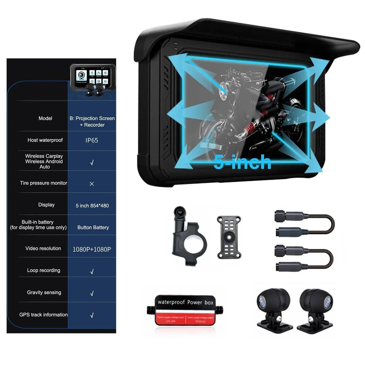 Motor Navigatie – Motornavigatie – GPS Systeem – CarPlay Navigatie – Android Auto Navigatie – 5 Inch Scherm – IP65 Waterdicht