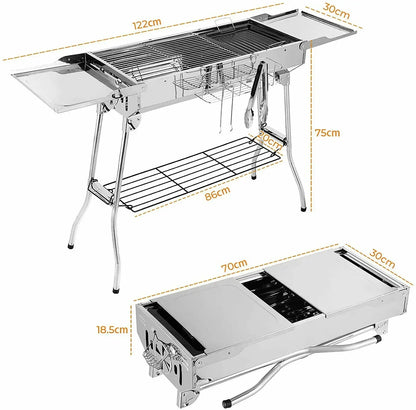 RVS Houtskool Barbecue – Opvouwbare Draagbare BBQ – 122x30x75 cm – Ideaal voor Camping, Tuin & Buiten koken – Grillbarbecue van Roestvrij Staal