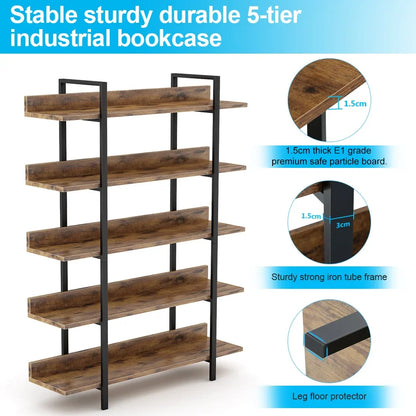 Boekenkast - Kast - Ladderkast - Wandkast - Industriële 5-Laags - met IJzeren Frame – Stabiele Opbergplank voor Boeken & Decor – Bruin - QUORE