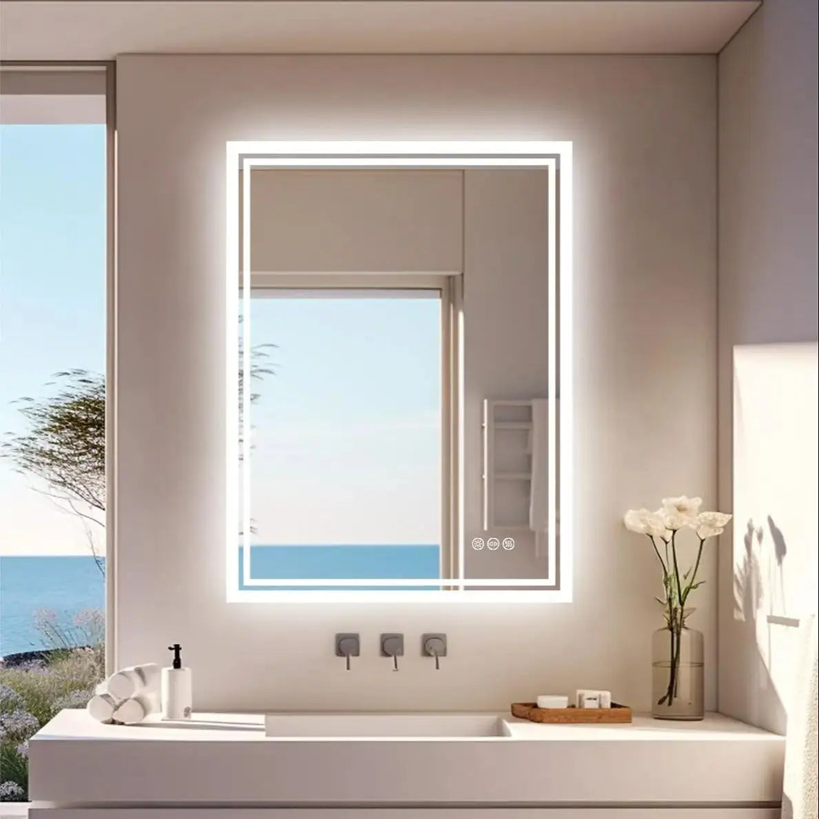 Badkamer Spiegel - LED Verlichte - Wandspiegel - Smart Spiegel - Met Anti-Fog - en 3 Kleuren Touch Licht - 19.7x27.5inch - QUORE