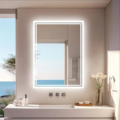 Badkamer Spiegel - LED Verlichte - Wandspiegel - Smart Spiegel - Met Anti-Fog - en 3 Kleuren Touch Licht - 27.5x35.4inch - QUORE