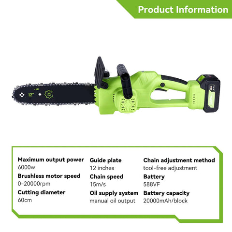 Elektrische Kettingzaag - Accu Kettingzaag - 6000W - 18V - 20000rpm- Tuinboom snoeigereedschap - 15m/s - 12 Inch - 2 Batterij - Snijbreedte 60cm - QUORE