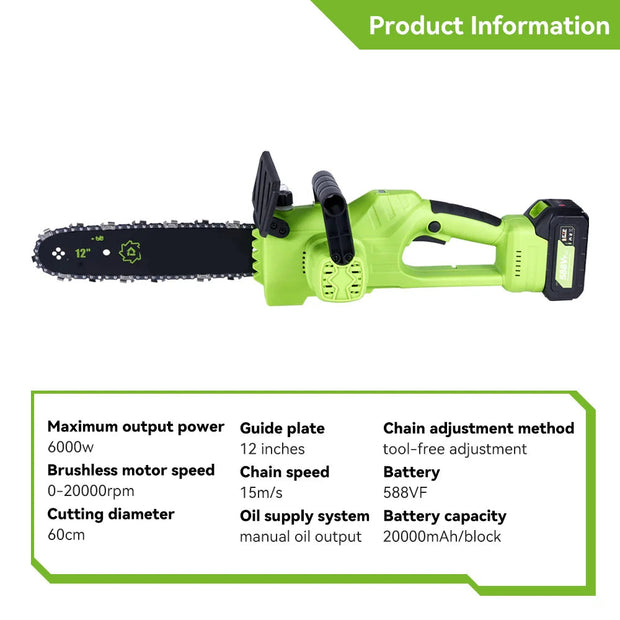 Elektrische Kettingzaag - Accu Kettingzaag - 6000W - 18V - 20000rpm- Tuinboom snoeigereedschap - 15m/s - 12 Inch - 2 Batterij - Snijbreedte 60cm - QUORE