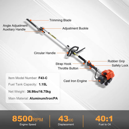 Multifunctionele Benzine Snoeigereedschap – Heggenschaar – Kettingzaag – Bosmaaier – Grastrimmer – 43CC Motor – 270° Draaibare Snijkop