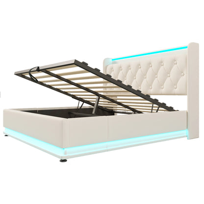 Hydraulisch Tweepersoonsbed – Opbergbed – Storage Bed – Bed Met Lade – Slaapbed – Beige 140x200 cm – Met Zacht Gestoffeerd Hoofdbord – Houten Frame Met Metalen Lattenbodem - QUORE
