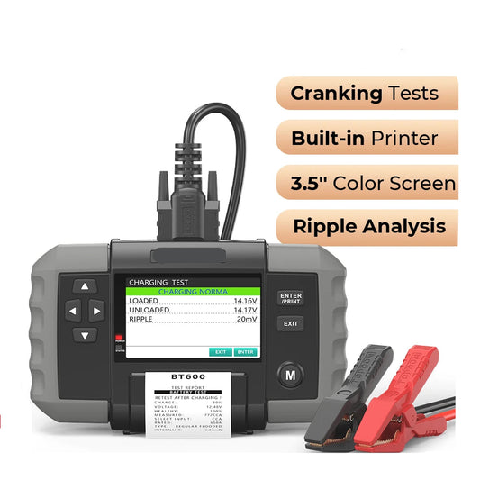 Accutester - Batterijtester - Multimeter - Diagnosecomputer - met Thermische Printer - 12V 24V - Digitale Accu Analyzer voor Auto, Vrachtwagen en Motor – Voor Loodzuur Batterijen