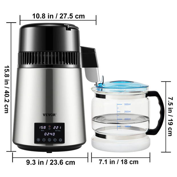 Water Filter - Water Distiller - Water Filter Survival - Water Distiller - Water Purifier - 1L/H Distillation Speed ​​- Touch Screen - 4L - Silver