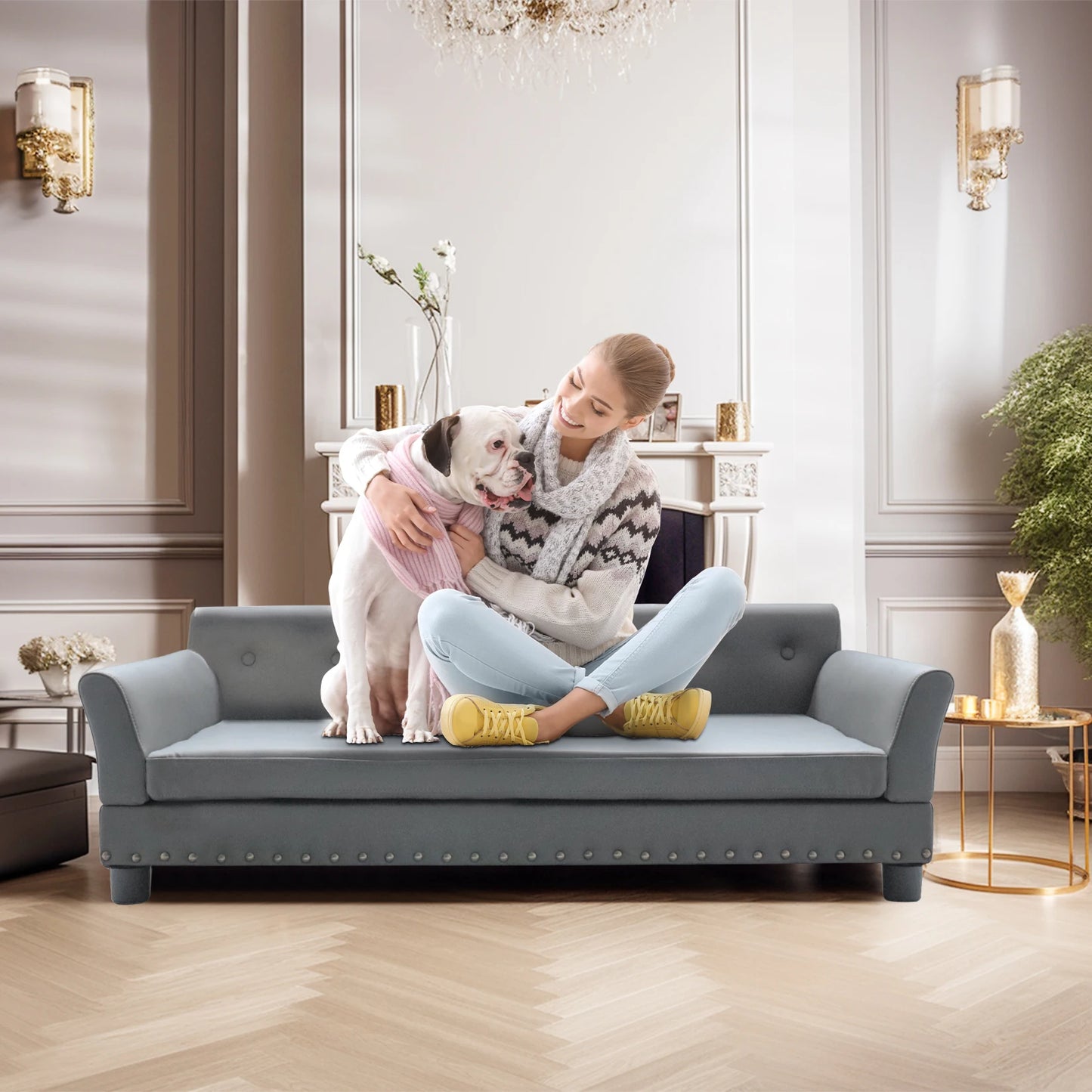 Hondenbank – Hondenbed – Huisdieren Sofa – Dog Lounger – Dog Couch – Maat L – Eucalyptus Houten Frame – Waterafstotende Microfiber Leren Bekleding