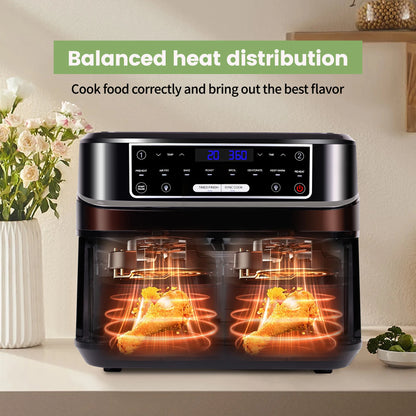 Heteluchtfriteuse 10L – Airfryer - Dubbele Lades – 2000W - 240V - Touchscreen – 8 Automatische Programma's – Kijkvenster - Zwart - QUORE