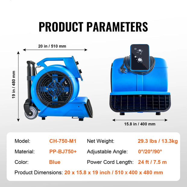 Electric Air Blower - Air Duster - Compressed Air - Floor Blower - 13.3kg - 1400 RPM - Dry - Cooling - 3 Adjustable Speeds - Timer - Portable Handle - Blue