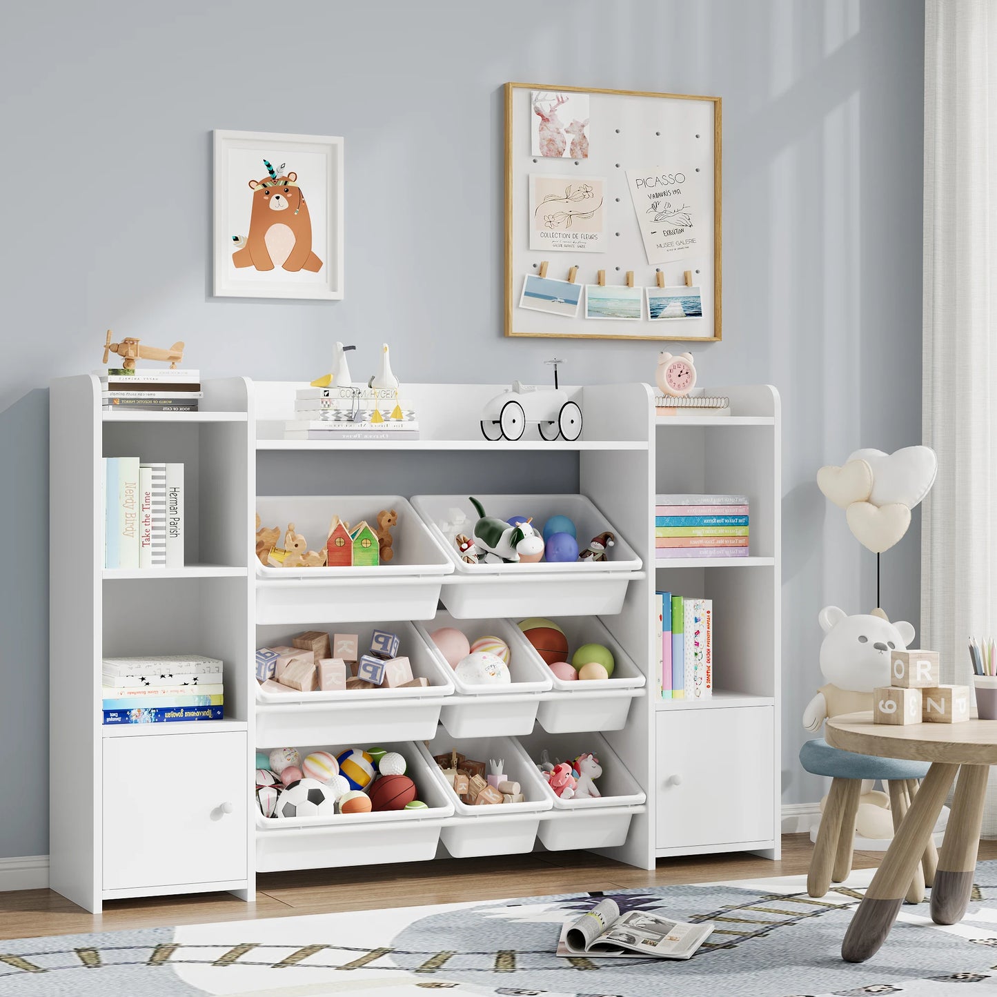 Speelgoedopberger – Speelgoedkast – Kinderkast – Opbergmeubel – Kinderopberger – Groen – 8 Uitneembare Boxen – 138,8 x 29,6 x 94,3 cm – Duurzaam Hout - QUORE