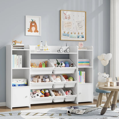 Speelgoedopberger – Speelgoedkast – Kinderkast – Opbergmeubel – Kinderopberger – Groen – 8 Uitneembare Boxen – 138,8 x 29,6 x 94,3 cm – Duurzaam Hout - QUORE