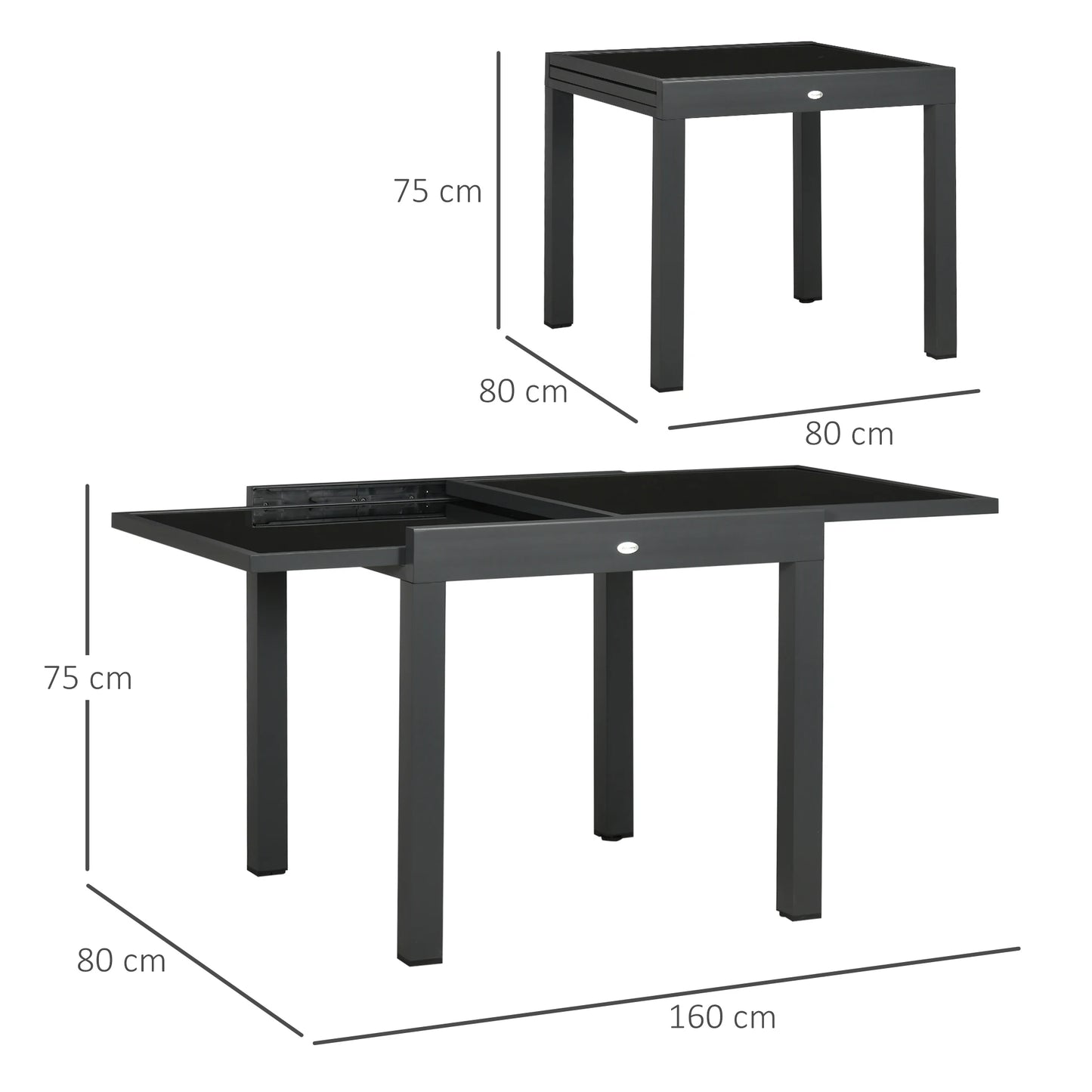 Uitklapbare Tuin Eettafel van Aluminium - Zwarte Glasplaat - Verstelbare Tuinmeubel - Compacte Eettafel - Extensibele Tafel voor Tuin en Binnengebruik - Duurzaam en Makkelijk Schoon te Maken - QUORE