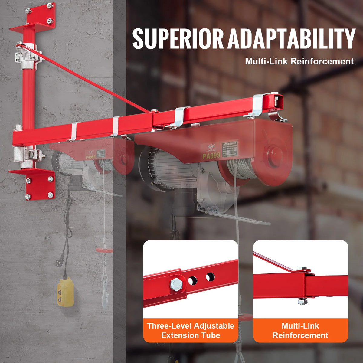 Vevor - Elektrische Hijsarm - Schommelhouder met paal - Elektrische lier - Hijskraan - 300-600kg - Rood - QUORE