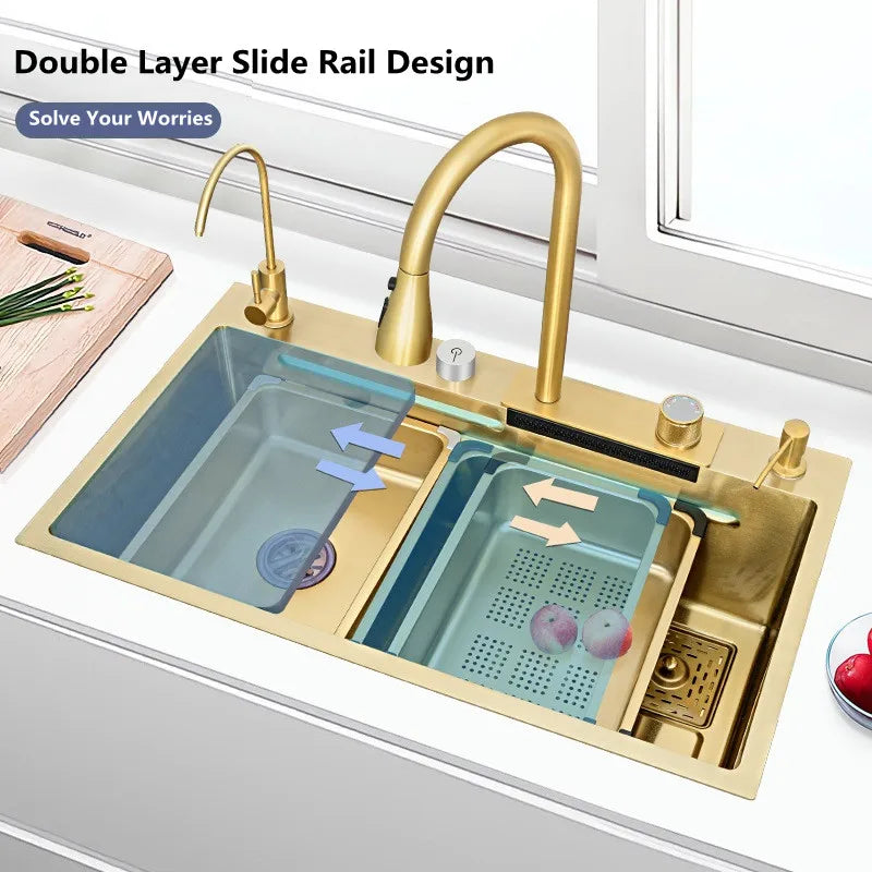 Spoelbak – Gootsteen – Keukenspoelbak – Wasbak – Enkele Spoelbak – 304 Roestvrij Staal – Waterval Afvoersysteem – 68x45cm – Gouden Afwerking