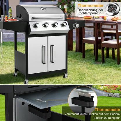 Gasbarbecue - BBQ-grill - Rookloze Barbecue - met Zijbrander - RVS Paneel - Thermometer - Groot Kookoppervlak - 52,000 BTU - 135 x 44 x 136 cm - Zilver
