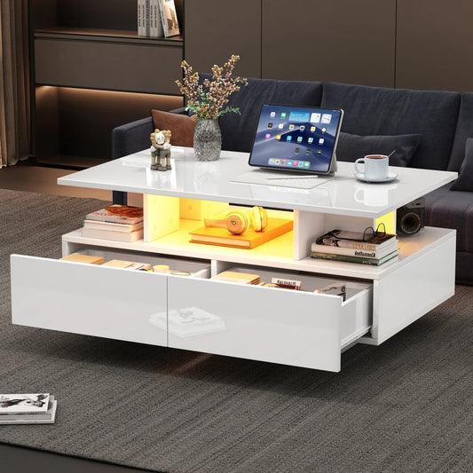 Salontafel – Koffietafel – Tafel – Theetafel – Bijzettafel – Hoogglans Wit – LED-verlichting en 2 Laden – 90x55x41 cm – Belastbaar tot 30 kg