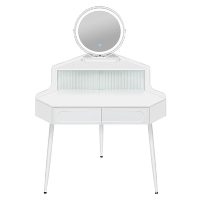 Hoekmake-uptafel – Kaptafel – Make-uptafel – Sieradentafel – Wit – Verstelbare Spiegel Met Verlichting – Ruimtebesparend Ontwerp