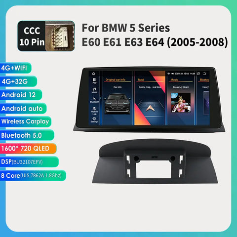 CarPlay - Multimedia Autoradio - Car CarPlay Scherm - Autoradio -2din - Android Autoradio Multimedia Videospeler - voor BMW 5Serie E60 E61 E63 E64 (2005-2008) - GPS - (4G - 32G)CCC