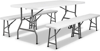 180 cm opvouwbare tafel met 2 banken – klaptafel set voor 8 personen – inklapbare campingtafel – picknicktafel – kunststof en staal – draagbaar met handgreep – binnen en buiten – wit blad, zwarte poten