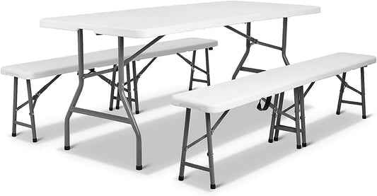 180 cm opvouwbare tafel met 2 banken – klaptafel set voor 8 personen – inklapbare campingtafel – picknicktafel – kunststof en staal – draagbaar met handgreep – binnen en buiten – wit blad, zwarte poten