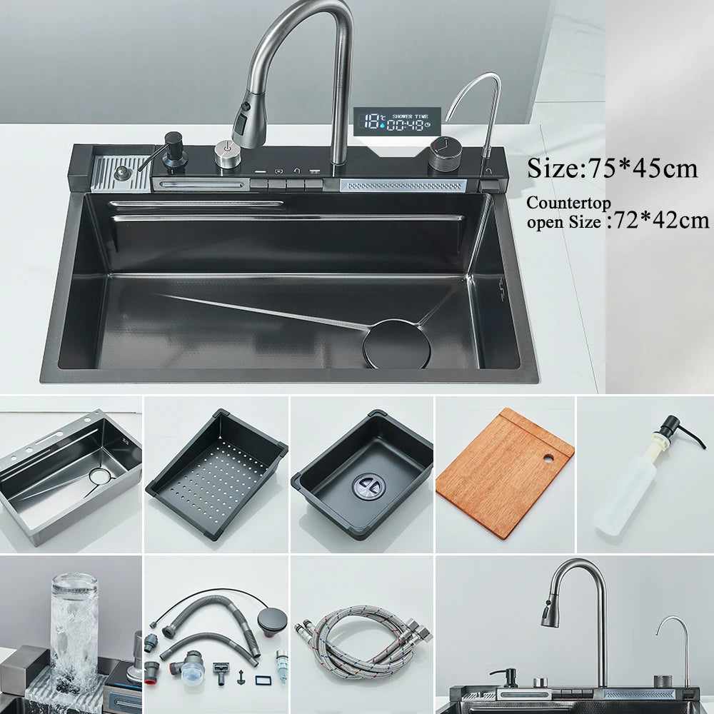 Keukenspoelbak - met Kraan - Digitaal Display - Temperatuurregeling - Waterval Waterfilter - Zeepdispenser – Grote Capaciteit - RVS - Gijs