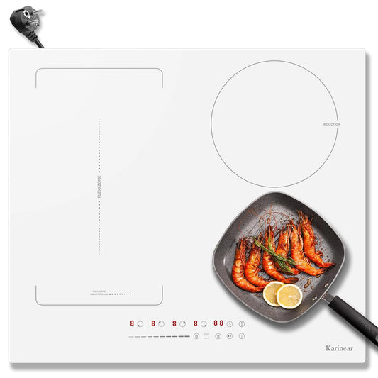 Induction Hob - Induction Hob - Induction Cook Top - Induction Cooker - Electric Burner - 4 Zones with Plug - 59CM - 3500W - White Ceramic Glass - Combination Zones - Slide Controls - 9 Power Levels