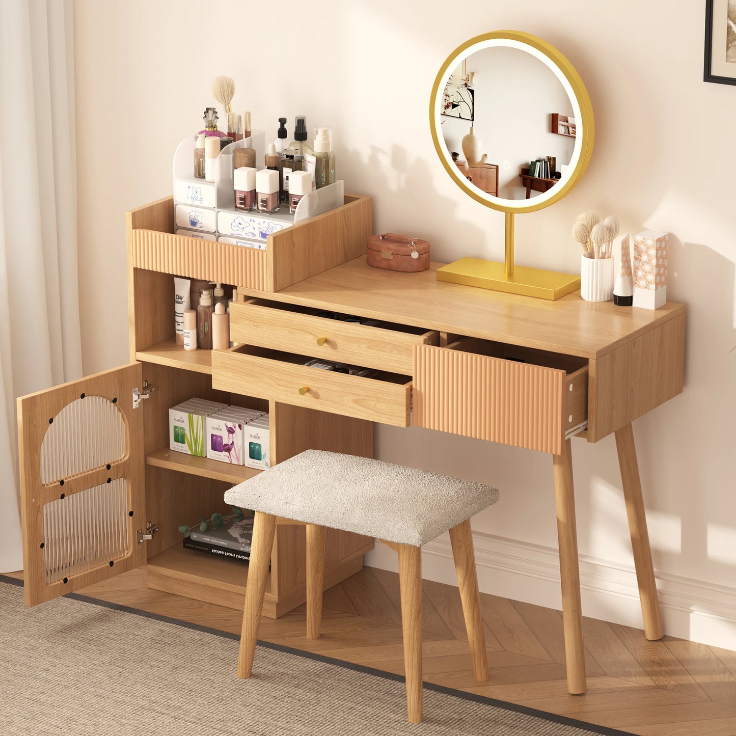 Make-Up Tafel – Kaptafel – Make-Up Bureau – Beauty Meubel – Driedubbele LED-Verlichting – Ruime Opbergruimte - Bruin