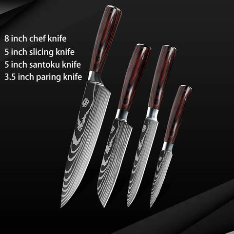 Keukenmessen - Knife set - Chef Knife - Knives - Kitchen Knife - Roestvrij staal met hoog koolstofgehalte - Damascus-tekening - Hakmesset - Santoku-koksmes - 10stuks