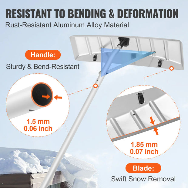 Snow Roof Rake – Adjustable Handle (1.5-6 m) – Aluminum Snow Thrower with Protective Wheels - 64 cm Wide Blade – Silver