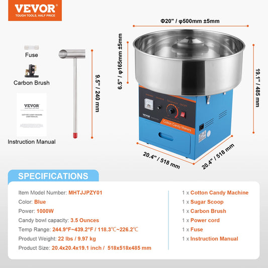 VEVOR 1000W Electric Cotton Candy Machine Commercial Candy Floss Maker with Stainless Steel Bowl Sugar Scoop and Drawer Red Blue