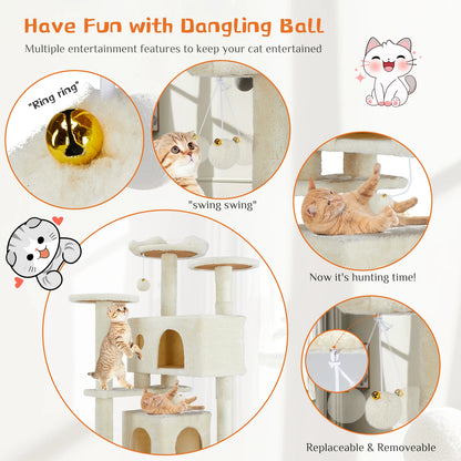 Krabpaal - voor Katten - Krabton - Hoge Kattenboom – 54inch - Multi-Level Krabpaal - Stabiele Kattenboom - Zacht en Knus - met Sisal en Huisjes - Donkergrijs