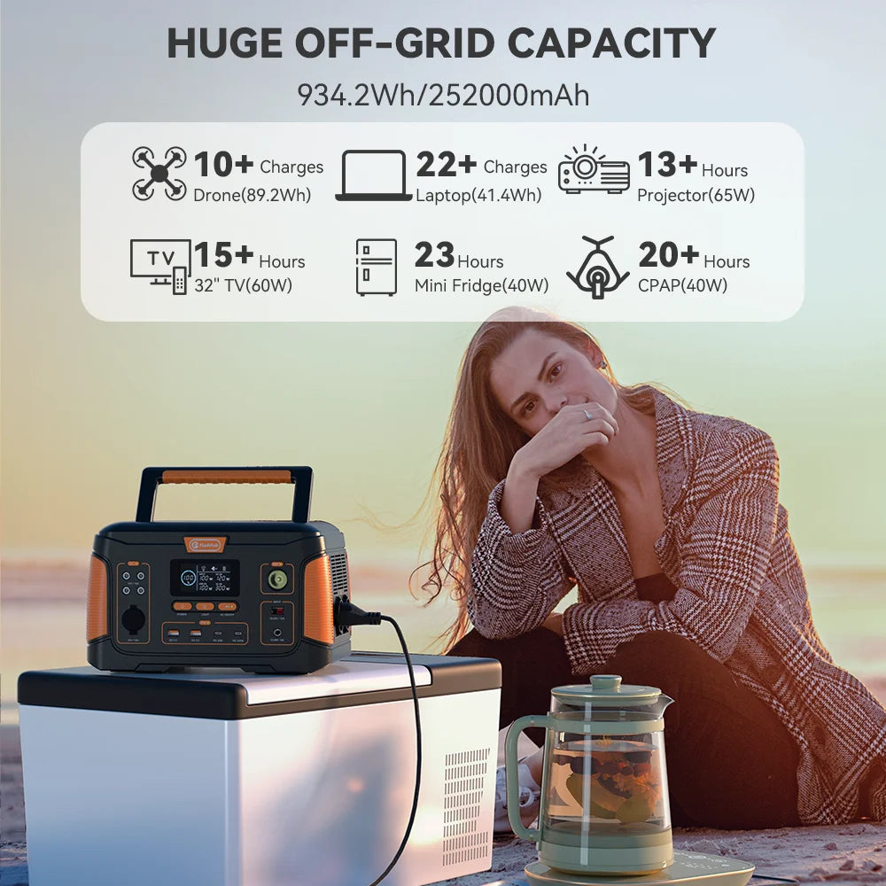 FlashFish Solar Power Station 1000W Solar Generator Pure Sine Wave AC Output 110V 230V 932Wh Generator Emergency Power Camping