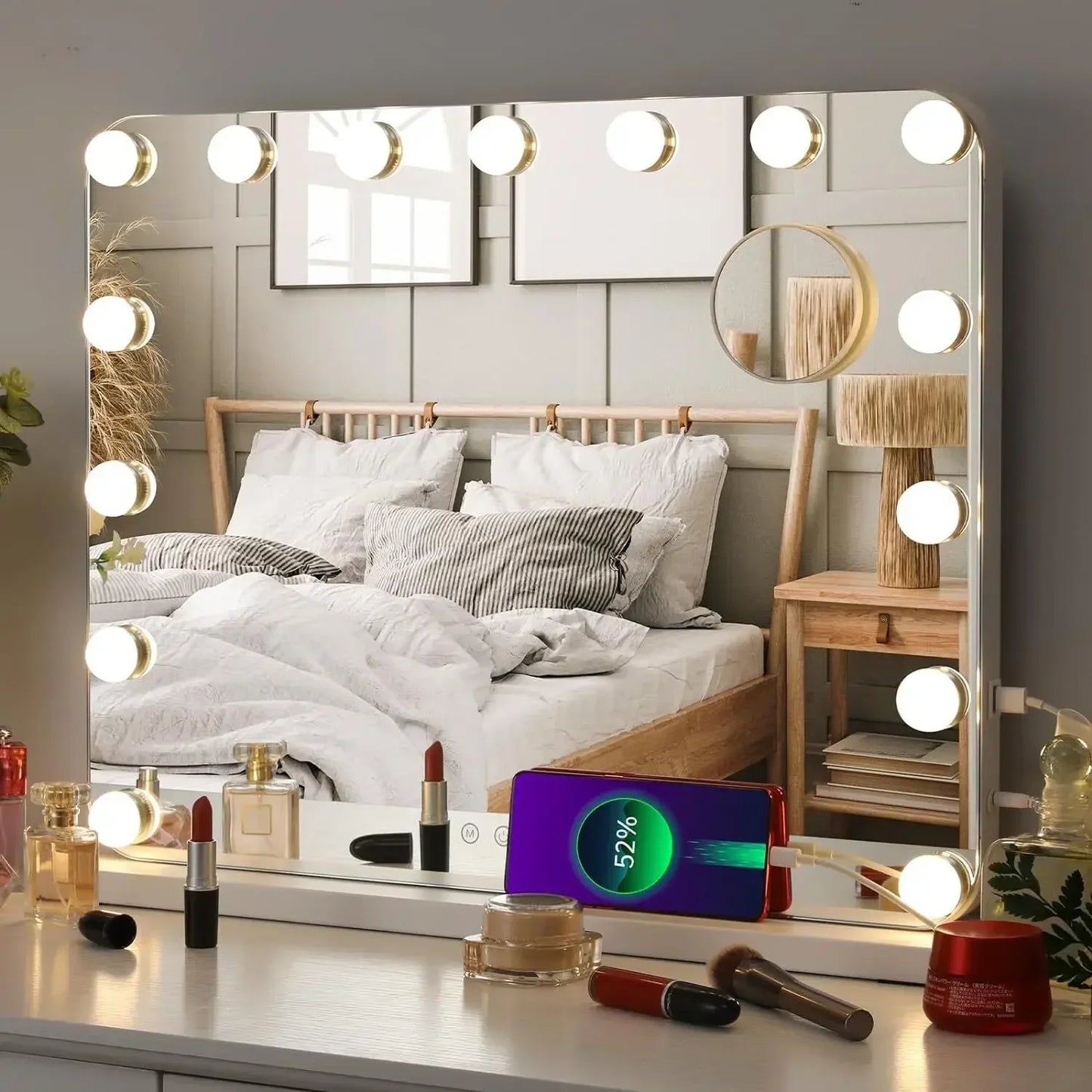 Hollywood Vanity Mirror with Lights 15 Dimmable LED Bulbs 3 Color Lighting Adjustable Brightness USB Charging Port (58*46cm) - QUORE