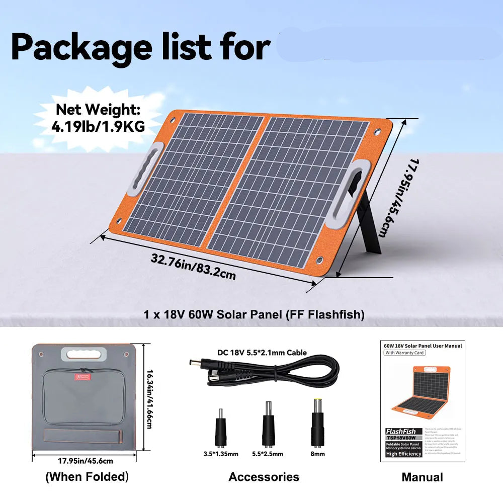 Zonnepaneel - Zonnepaneelset - Draagbaar - Opvouwbare Zonnelader - met DC-uitgang - USB-C - QC3.0 - voor Camperaccu - Thuislader - Camping - Noodsituatie - 18V - 60W - Oranje