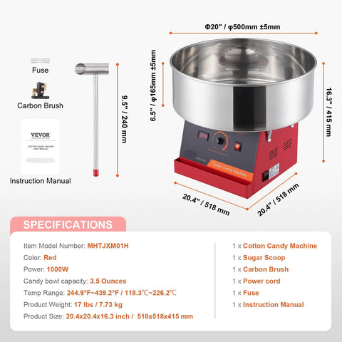 Cotton Candy Machine - 1000W - 220V - Mini Cotton Candy - Commercial Floss Maker - Stainless Steel Bowl - Sugar Scoop and Tray for Birthday Parties - Pink