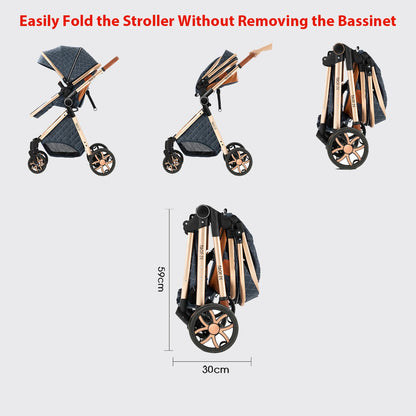 3-in-1 Kinderwagen – Reiswielwagen – Autostoeltje – Wandelwagen – Wieg – Compact & Lichtgewicht – Inklapbaar – Katoenen Bekleding – Deepgrey