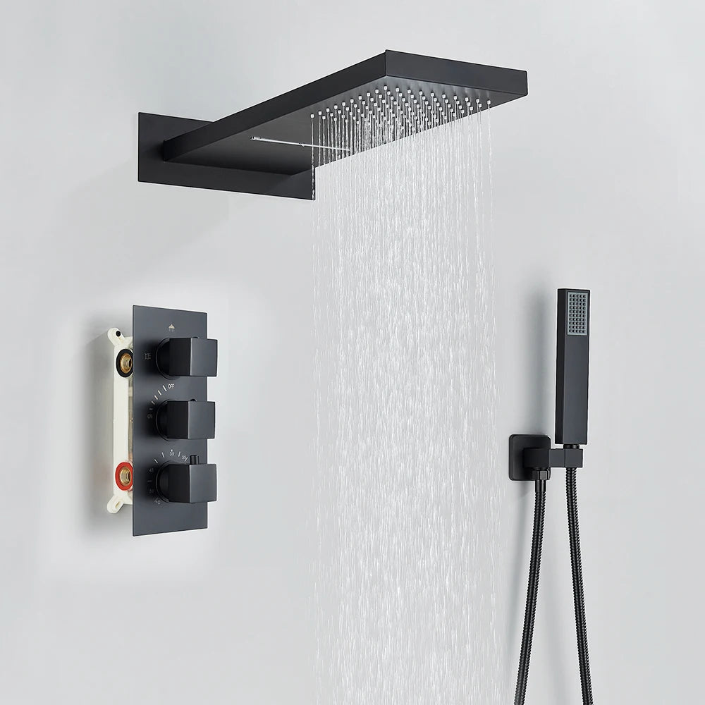 Douche - Regendouche - Douchewand - Douchekolom - Douchepanelen - Waterval & Regendouche Set - Thermostatische Inbouw Douchemengkraan - Matte Zwart