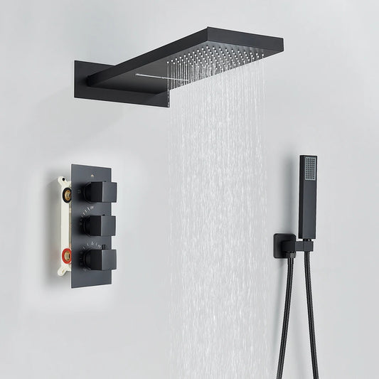Douche - Regendouche - Douchewand - Douchekolom - Douchepanelen - Waterval & Regendouche Set - Thermostatische Inbouw Douchemengkraan - Matte Zwart