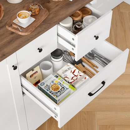 Sideboard – Dressoir – Buffetkast – Keukenkast – Halmeubel – Wit Met Bruine Accenten – 5 Laden en 1 Deur – Duurzaam MDF – Ruim Werkblad 100x40 cm