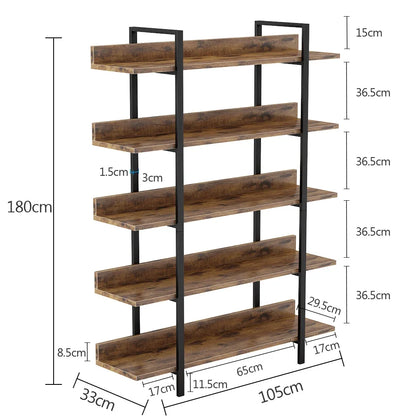 Boekenkast - Kast - Ladderkast - Wandkast - Industriële 5-Laags - met IJzeren Frame – Stabiele Opbergplank voor Boeken & Decor – Bruin - QUORE