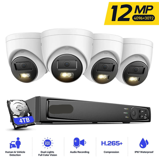 Beveiligingscamerasysteem - CCTV Camerasysteem - Beveiligingscamera - Camerabewaking - met Nachtzicht - 12MP - 8 PoE Camera's en NVR - 4K HDMI - Audio - Bewegingsdetectie - Ingebouwde HDD: 4TB